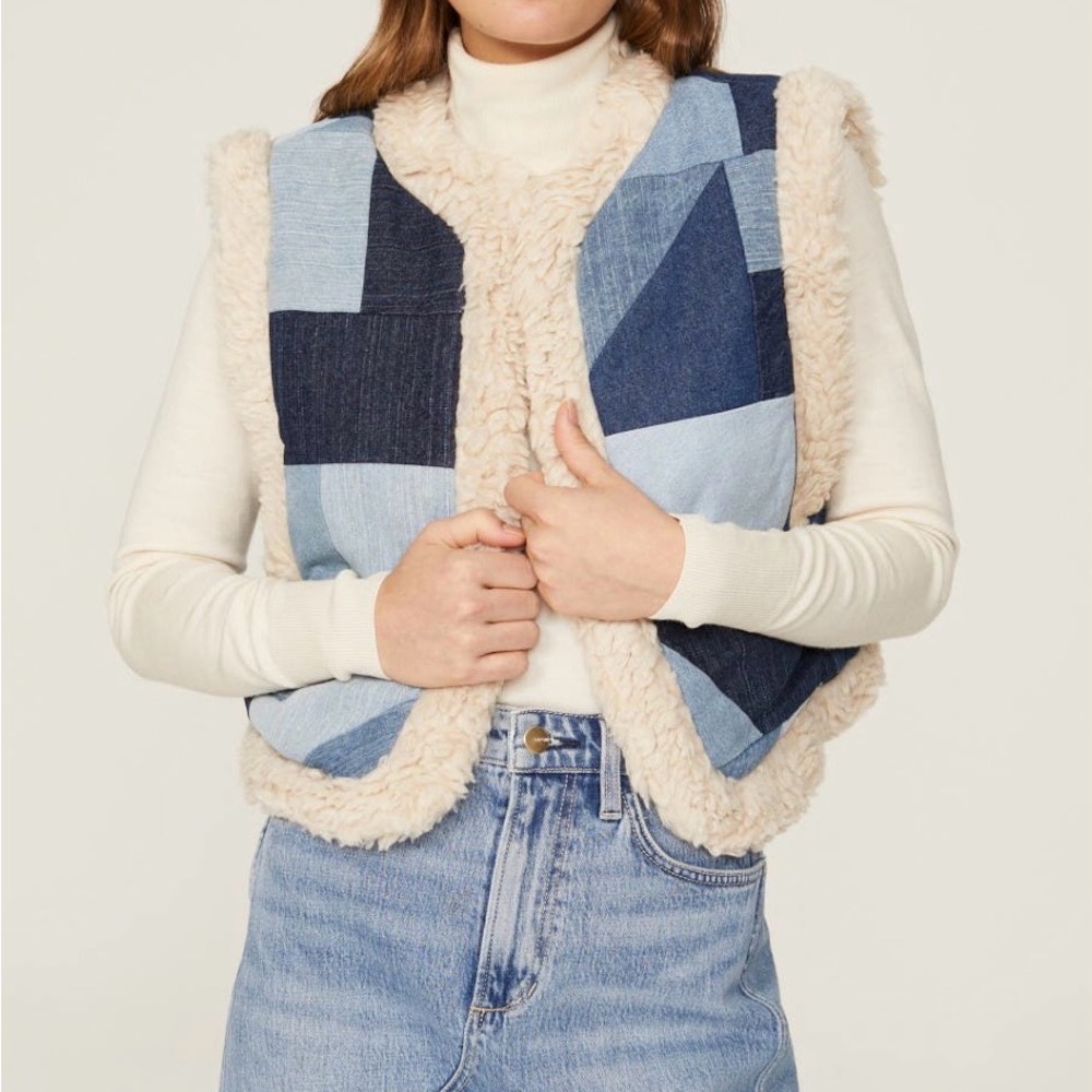 Sea New York Blue Denim Patchwork Vest with Cream Trim
